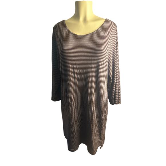 M Bryn Walker Cotton Striped Purple Dress Tunic Top 3/4 Slv Cinch Drawstring Hem - Picture 2 of 9